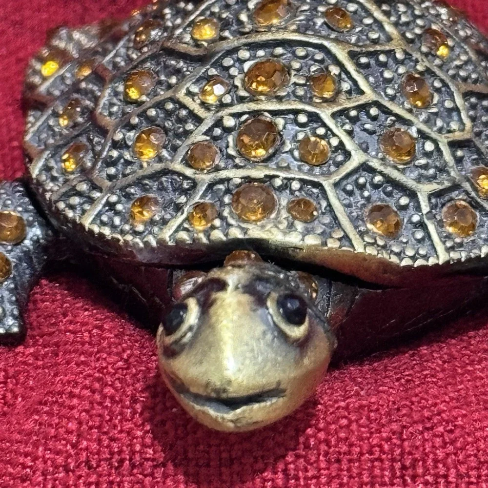 Rhinestone Turtle Trinket Box Enameled Magnetic Closure Tortoise Jeweled Brassy
